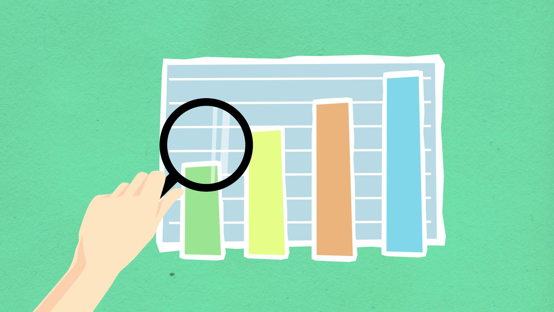 cutout paper illustration of human hand with magnifier and chart